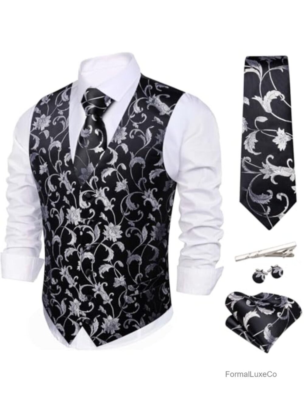 Mens Floral Silk Blend Suit Vest 5Pc Set Tie Pocket Square Cufflinks Formal